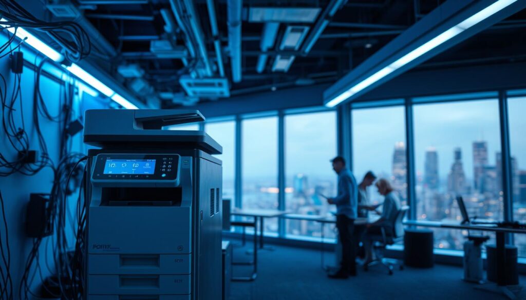 A high-tech office environment, bathed in soft blue lighting. In the foreground, a sleek multifunction printer stands, its display panel glowing with security indicators. Surrounding it, a network of cables and devices seamlessly integrated, showcasing the hybrid nature of the setup. In the middle ground, a team of professionals collaborate, their devices and paperwork secured by advanced firewall and encryption protocols. The background reveals large windows, offering a panoramic view of a bustling city skyline, symbolizing the need for flexible, yet protected, print solutions in the modern hybrid workplace.