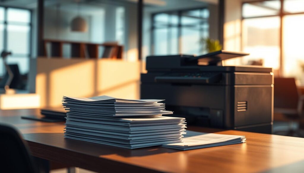 A modern office setting with a professional desk arrangement. On the desk, there is a high-quality printer and a stack of documents or spreadsheets, representing the concept of "cost per page". The lighting is warm and directional, casting shadows that add depth and drama to the scene. The background is a blurred, out-of-focus office environment, with subtle hints of technology and efficiency. The overall mood is one of analytical focus and financial responsibility, reflecting the importance of managing printing expenses in a law firm.