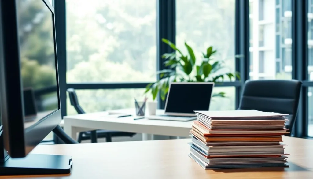 A well-organised office workspace with a laptop and a stack of documents waiting to be printed and sent.