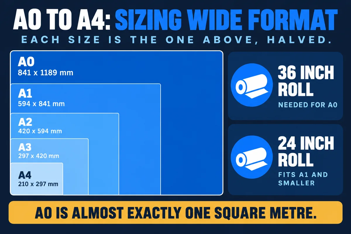 Diagram comparing ISO 216 paper sizes from A0 down to A4 in millimetres, showing which roll width each size needs