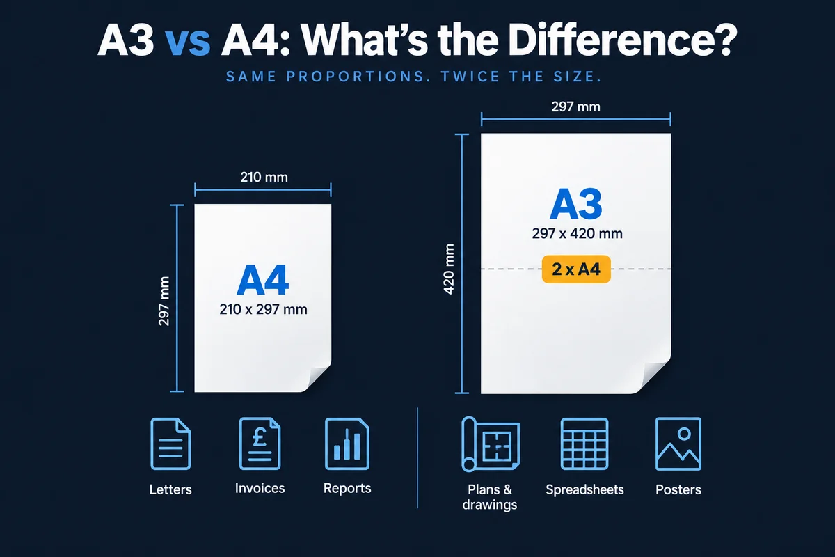 Infographic comparing A4 paper at 210 x 297mm with A3 paper at 297 x 420mm, showing A3 is twice the size of A4 and typical uses for each.