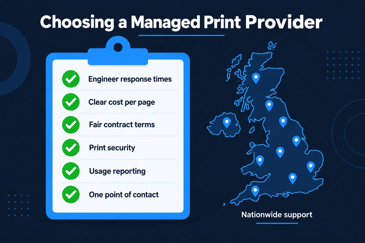 Infographic checklist for choosing a managed print provider: engineer response times, clear cost per page, fair contract terms, print security, usage reporting and one point of contact, alongside a UK map showing nationwide support.