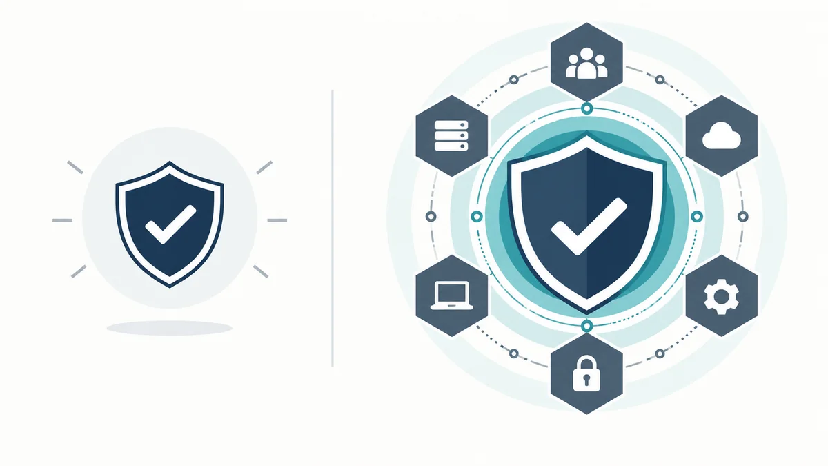 Infographic comparing Cyber Essentials as a baseline control set with ISO 27001 as an organisation-wide management system