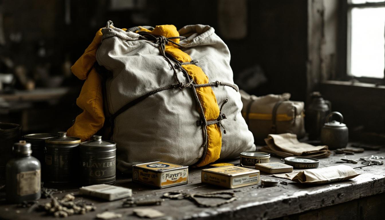 The Thornaby Bag — strengthened parachute fabric, kapok pads from Mae West life jackets, watertight tins