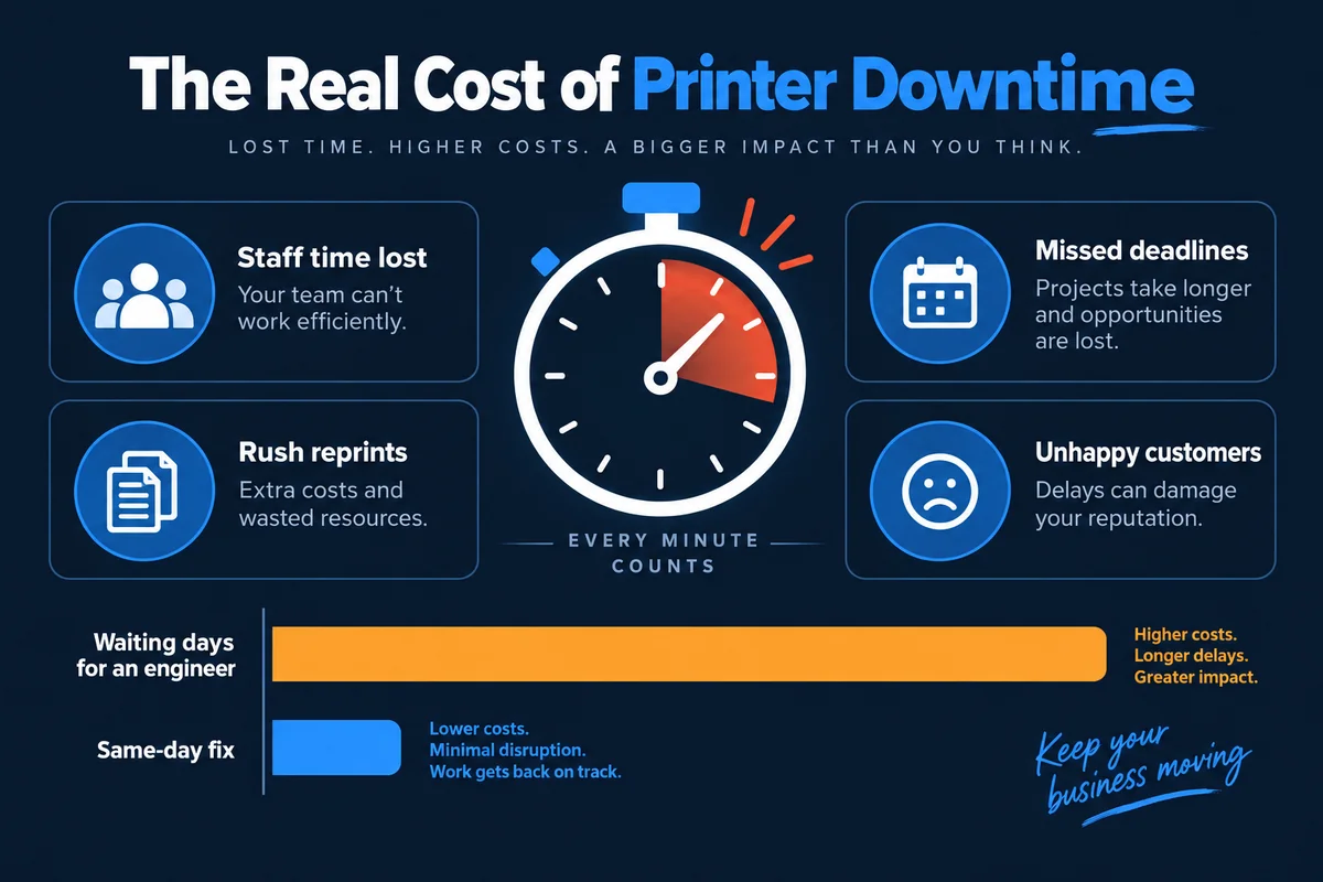 Infographic showing the real cost of printer downtime: staff time lost, missed deadlines, rush reprints and unhappy customers, comparing waiting days for an engineer with a same-day fix.