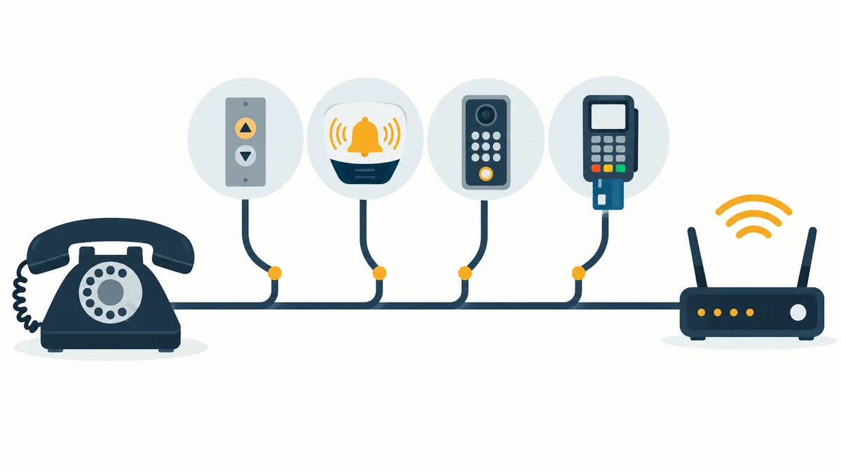Infographic showing an analogue telephone line branching to a lift alarm, intruder alarm, door entry panel and card terminal, all migrating to a digital connection