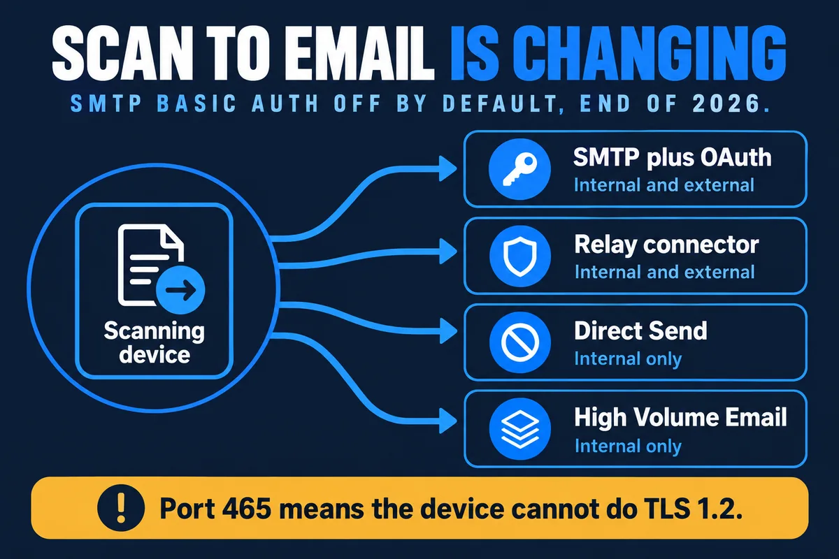 Infographic showing the four ways a scanning device can send email through Microsoft 365: SMTP AUTH with OAuth, an SMTP relay connector, Direct Send and High Volume Email, with their internal and external limits