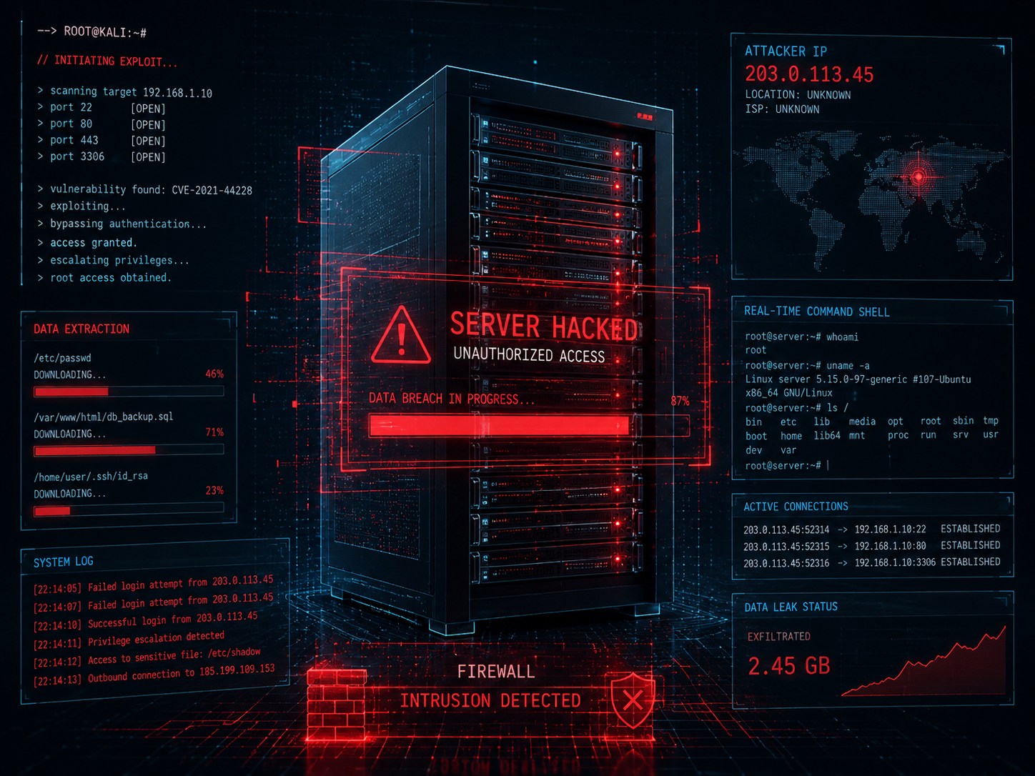 A compromised server glowing red in a data centre, representing a machine that has been taken over by hackers and hijacked for illicit cryptocurrency mining.