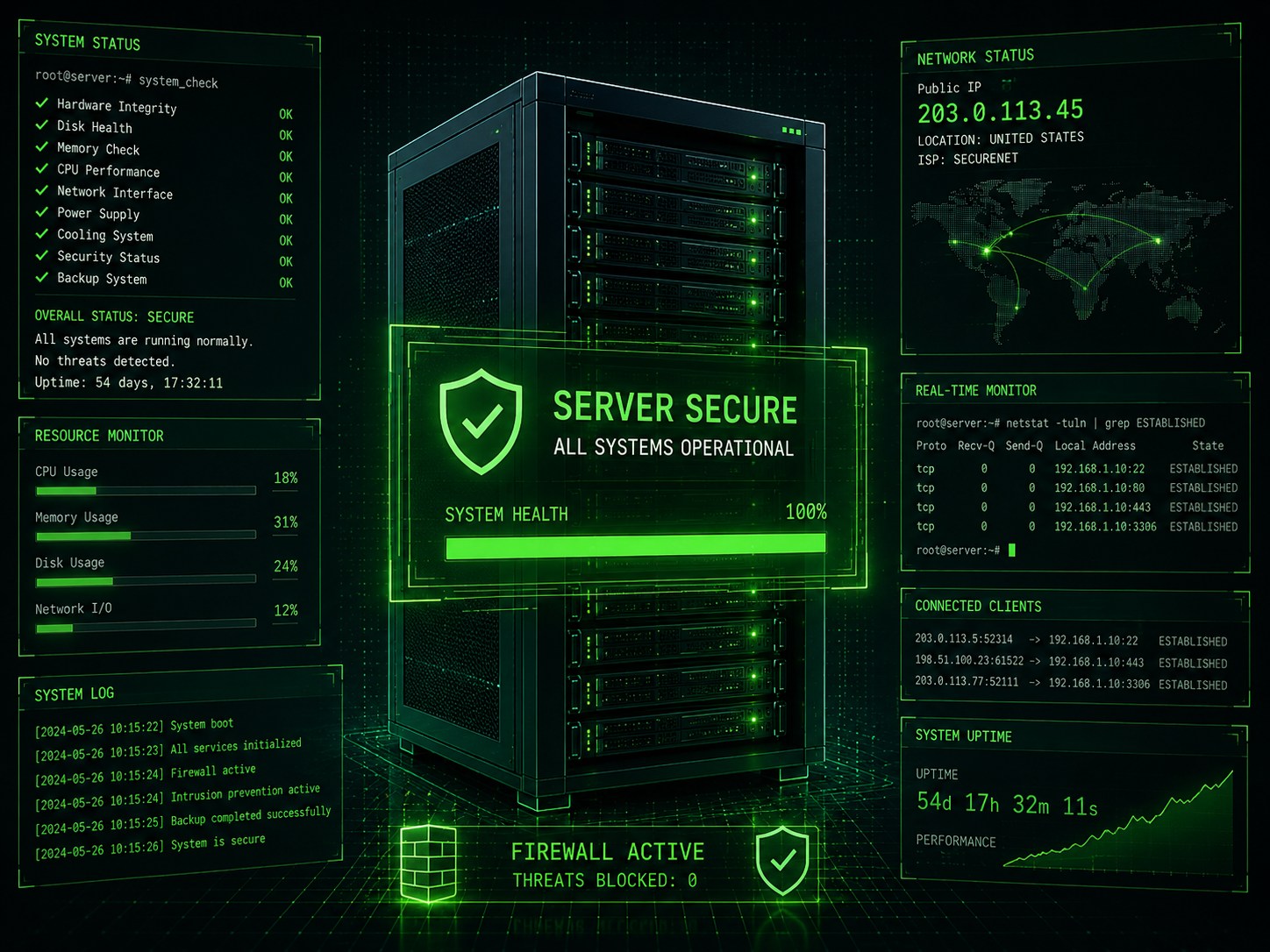 A well-maintained, secure server glowing blue and protected by a digital shield, representing infrastructure that is patched, monitored and defended against AI-powered cyber attacks.
