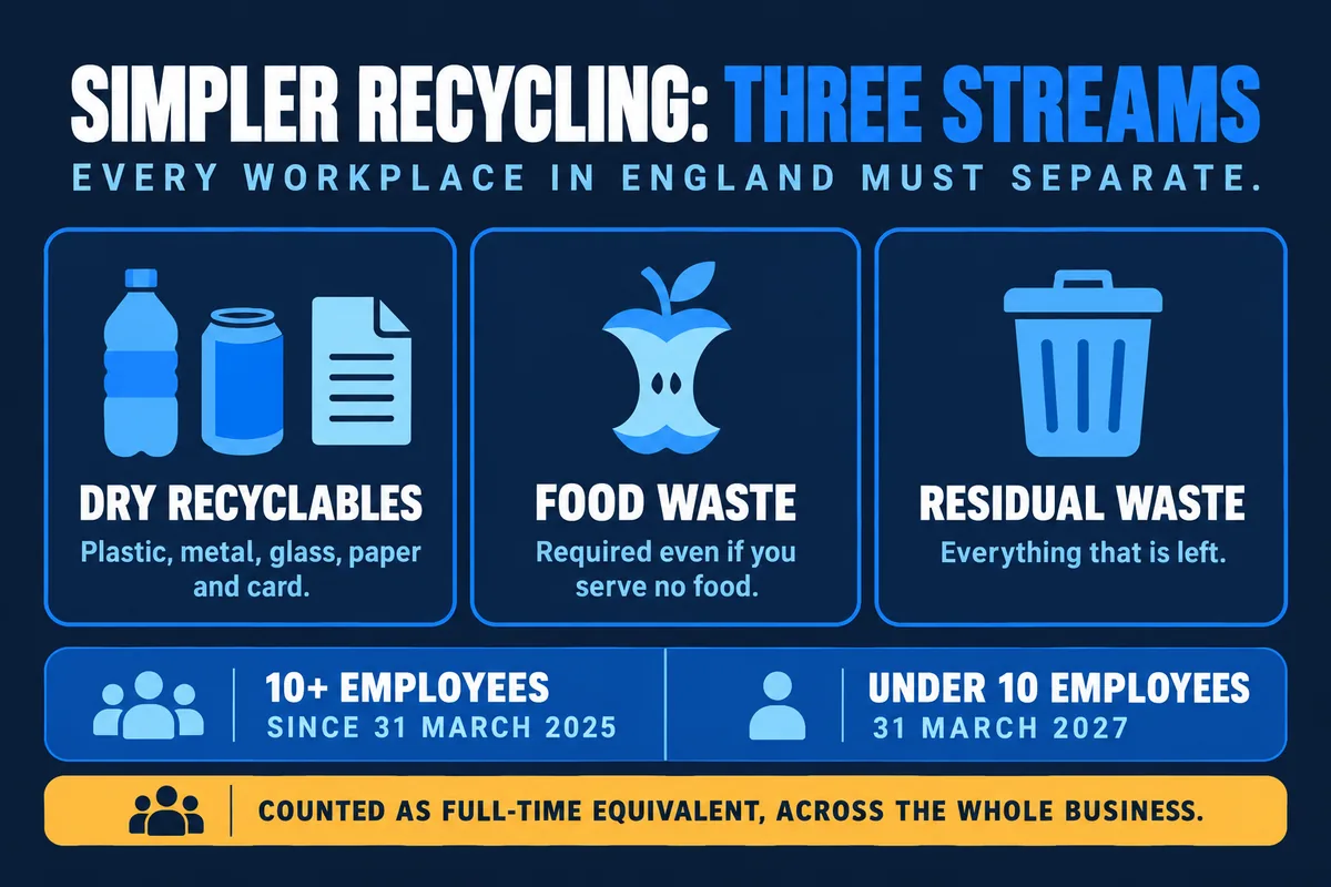 Infographic showing the three Simpler Recycling waste streams offices must separate, dry recycling, food waste and residual waste, with the micro-firm deadline of 31 March 2027