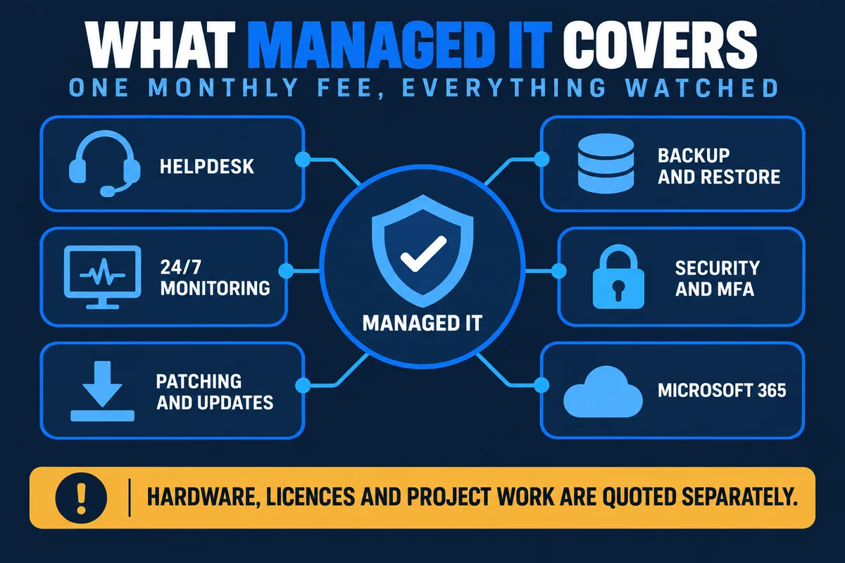 What managed IT support covers: helpdesk, monitoring, patching, backup, security and Microsoft 365