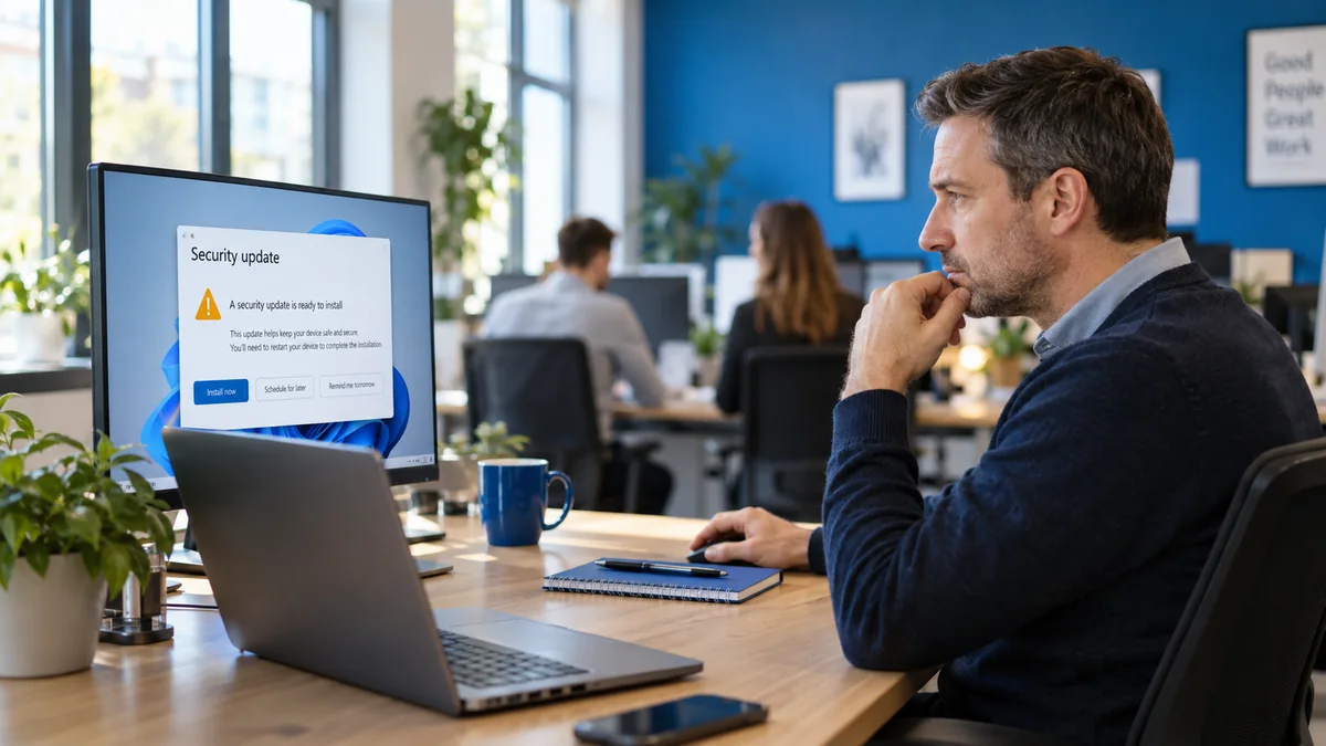 A modern office workspace of the kind still running Windows 10 machines under Extended Security Updates