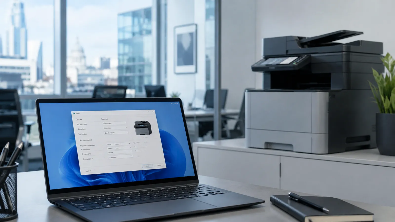 A laptop showing a Windows print dialog beside a modern office multifunction printer
