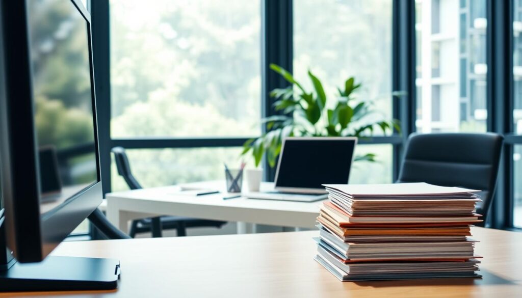 A professional office setting with a well-organized workspace. In the foreground, a desktop computer and a neatly arranged stack of files, symbolizing efficient data management. The middle ground features a modern, minimalist desk with a laptop, a pen holder, and a potted plant, conveying a sense of responsible asset utilization. The background showcases large windows allowing natural light to flood the room, creating a bright and airy atmosphere. The overall scene evokes a sense of productivity, sustainability, and a commitment to responsible asset management.