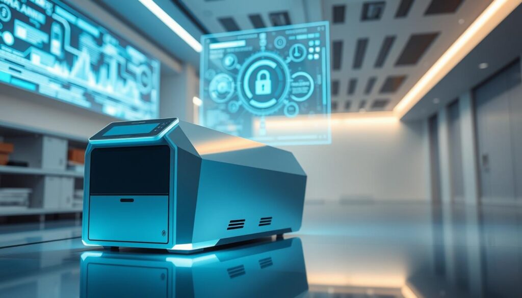 A sleek and futuristic security technology, featuring a sophisticated containment system that safeguards sensitive information. In the foreground, a gleaming, angular device with a prominent control panel and discreet access ports. Bathed in a soft, bluish-white light, it projects an aura of advanced functionality. In the middle ground, a holographic display projects intricate data visualizations, while the background is dominated by a minimalist, high-tech environment with clean lines and subtle lighting. The overall atmosphere conveys a sense of reassurance and reliability, perfectly suited for the professional setting of an office printer.