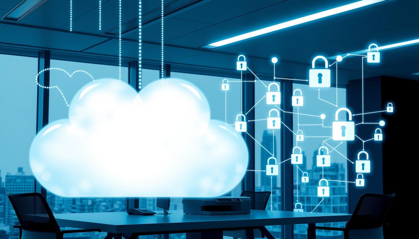 A sleek, modern office space, bathed in cool, bluish tones. In the foreground, a large cloud icon hovers ominously, with data streams flowing into and out of it. Partially obscured by the cloud, a desktop computer and a printer sit on a minimalist desk, suggesting the vulnerability of cloud-connected devices. In the middle ground, a network of security locks and firewalls attempt to safeguard the system, but their complexity and interconnectedness create a sense of unease. The background shows a cityscape through large windows, hinting at the broader business landscape and the potential for data breaches. The overall atmosphere is one of cautious apprehension, underscoring the security risks that businesses must navigate in the age of cloud printing.