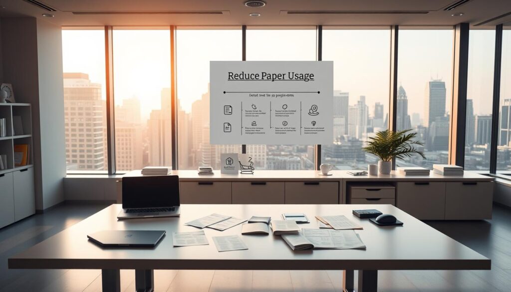 A spacious, well-lit modern office interior. A large desk with a sleek, minimalist design takes center stage, featuring a laptop, digital tablet, and scattered papers. In the background, a large window overlooks a bustling city skyline, bathed in warm, natural light. Atop the desk, a prominently displayed infographic illustrates various methods to "Reduce Paper Usage", with icons and simple, informative graphics. The overall atmosphere conveys a sense of efficiency, organization, and environmental consciousness, encouraging the viewer to adopt sustainable printing practices in their workplace.