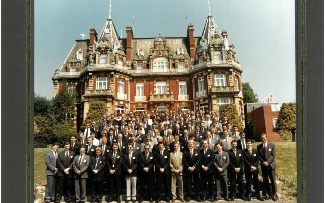 Group photo from the 1990 Lanier Dealer Conference at Chateau Impney, featuring Mastercopy and other UK dealers, with the historic French-style chateau in the background.